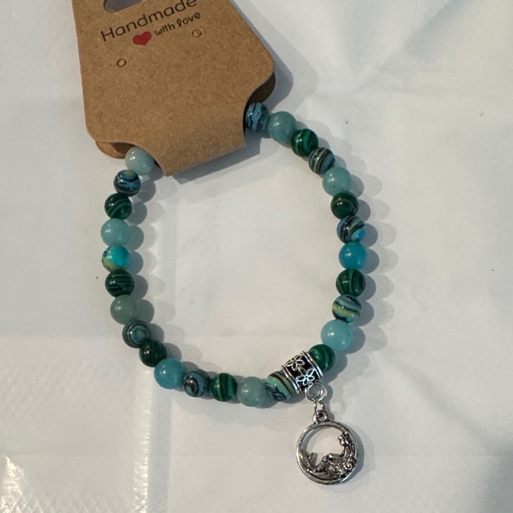 Handmade Green Beaded Bracelet with Silver Moon Charm